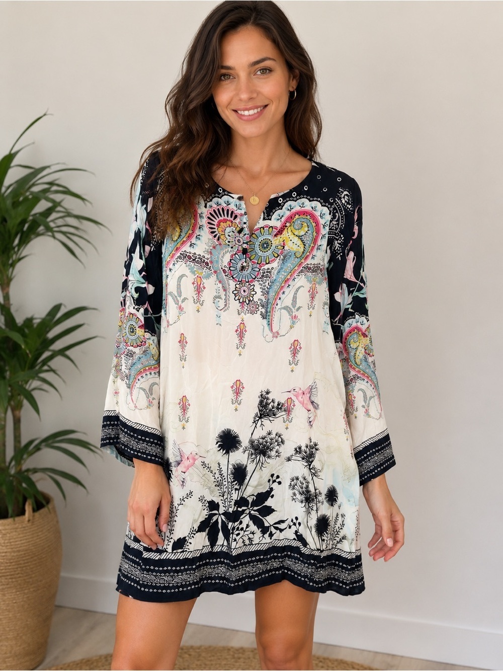 Sapphire Silk Dress Women's Small Birds Floral Sheath Long Sleeve Boho